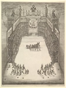 Theater in Modena, von oben gesehen und mit Zuschauern gefüllt, mit einem Triumphwagen in der Mitte von Stefano della Bella