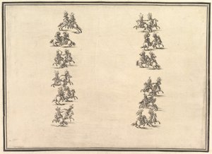 Vierundzwanzig Reiter duellieren sich und bilden zwei Kolonnen, aus La Gara delle Stagioni