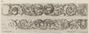 Zwei Zierbänder mit gegenüberliegenden Köpfen von Löwe und Adler und zwei Widdern, wahrscheinlich 1648 von Stefano della Bella