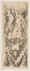 Zwei geflügelte Kinder, deren Körper sich in Ornament verwandeln und Seifenblasen blasen, ca. 1653 von Stefano della Bella