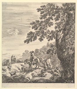 Zwei Reiter passieren eine Herde, reiten nach links, eine Bäuerin und ein Junge von Stefano della Bella