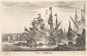 Ansicht des Amsterdamer Hafens, Männer in Ruderbooten arbeiten an einem Schiff, 1647 von Stefano della Bella