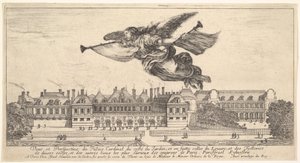 Ansicht des Palais Cardinal, die Figur des Ruhms oben in der Mitte fliegt nach links..., 1649-51 von Stefano della Bella