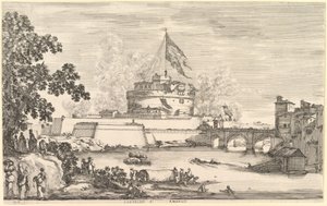 Ansicht des Tiberflusses, ein großer Baum links, zwei Frauengruppen links im Vordergrund, ca. 1656
