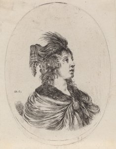 Frau mit gefiedertem Turban, nach rechts gewandt