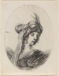 Frau mit einem gefiederten Turban und einem Schleier, nach rechts gewandt, 1649-1650 von Stefano della Bella