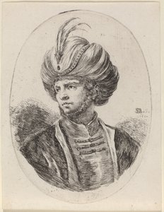 Junger Mohr mit leichtem Bart und gefiedertem Turban, nach links gewandt