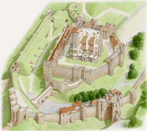 Dover Castle heute, ca. 1945-2023 (Tinte und Aquarell auf Papier) von Stephen Conlin