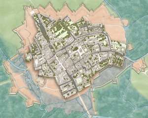 Modernes Oxford über den Verteidigungsanlagen des Bürgerkriegs, ca. 1644-1646