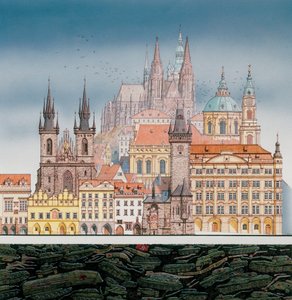 Prager Gebäude und russische Panzer, ca. 1980-1991 von Stephen Conlin