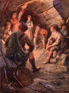 Bewaffnete Highlander sitzen am Feuer und planen für Bonnie Prince Charlie von Stewart Orr