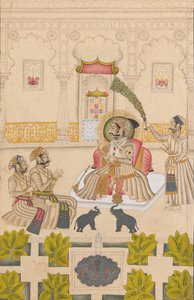 Maharana Amar Singh II zeigt zwei silberne Elefanten, ca. 1705 von Stipple Master