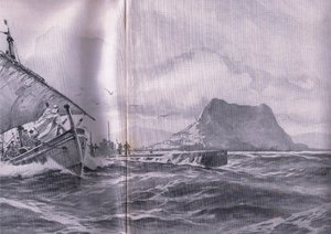 Deutsches U-Boot durchquert die Straße von Gibraltar auf dem Weg zu den Dardanellen, aus Die illustrierte Geschichte des Weltkriegs 1914-1915, veröffentlicht von Union Berlagsefellfchaft