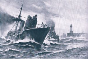 Patrouillenboote und Minensucher, die aus dem Hafen von Zeebrugge auslaufen, aus Die illustrierte Geschichte des Weltkriegs 1914-1915, veröffentlicht von Union Berlagsefellfchaft von Willy Stoewer 