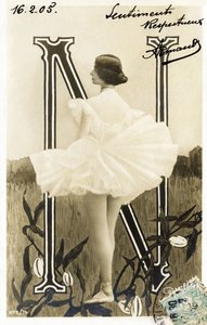 N: Cleopatre Diane de Merode, genannt Cleo de Merode, Tänzerin aus der Belle Epoque, ausgebildet an der Oper von Paris - Theatre des Folies Bergere, Paris - Alphabet auf Postkarte