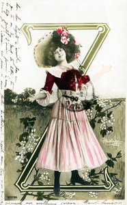 Constance Elise De Vere, französische Schauspielerin englischer Herkunft, geboren in Belgien, Alphabet auf Postkarte