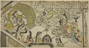 Yoshitsunes Begegnung mit Prinzessin Joruri, aus "Die Geschichte von Joruri in zwölf Episoden (Joruri Junidan Zoshi)" von Sugimura Jihei