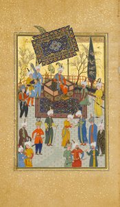 Khusrau auf seinem Thron sitzend, Folio 64 aus einem Khamsa-Quintett von Nizami, A.H. 931 A.D. 1524-25 von Sultan Muhammad Nur, Mahmud Muzahhib, Shaikh Zada
