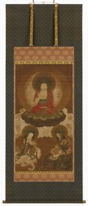 Buddhistische Triade: Sakyamuni, Manjusri und Samantabhadra, Edo-Periode, Mitte 17. bis Anfang 18. Jahrhundert von Sumiyoshi Gukei