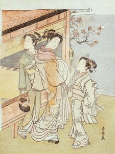 Eine Dame und ihre Begleiterin treffen einen Boten von Suzuki Harunobu