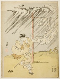 Eine junge Frau in einem Sommerregen von Suzuki Harunobu