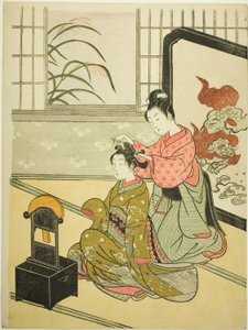 Herbstmond im Spiegel (Kyodai no shugetsu), aus der Serie "Acht Ansichten des Salons (Zashiki hakkei)" von Suzuki Harunobu