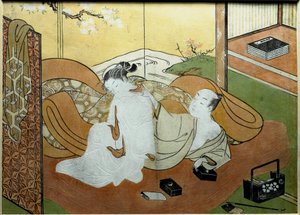 Liebespaar, das in einem Innenraum mit Paravent liegt, Kalligraphiebox Nishiki-e-Druck von Suzuki Harunobu (1725-um 1770) ca. 1765. Private Sammlung von Suzuki Harunobu
