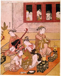 Kurtisanen spielen Musik, ausgesetzt den Blicken von Voyeuren. Japanischer Druck von Haronobu Suzuki (ca. 1769) von Suzuki Harunobu