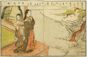 Doppelseitige Illustration aus Band 2 von "Bilderbuch der Frühlingsbrokate (Ehon haru no nishiki)" von Suzuki Harunobu