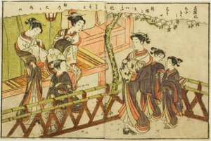 Doppelseitige Illustration aus Bd. 2 von „Bilderbuch der Frühlingsbrokate (Ehon haru no nishiki)“ von Suzuki Harunobu