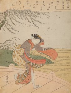Mädchen auf einer Brücke im Wind, aus der Serie: Parodien auf die sechs unsterblichen Dichter von Suzuki Harunobu
