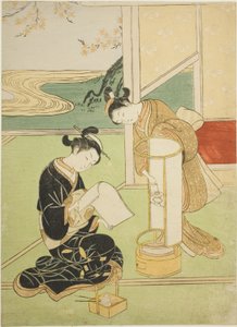 Abendglühen einer Lampe (Andon no sekisho), aus der Serie "Acht Ansichten des Salons (Zashiki hakkei)"