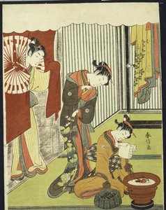 Figuren in einem Innenraum, eine Kurtisane schaut auf ihre Shinzo, die einen Liebesbrief liest von Suzuki Harunobu