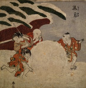 Vier Jungen machen eine Schneeball, ca. 1768 (Farbholzschnitt)