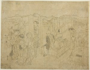 Schlüsselblockdruck für Die Einführung (Miai), das erste Blatt aus der Serie "Ehe in Brokatdrucken, der Wagen der tugendhaften Frau (Konrei nishiki misao-guruma)"