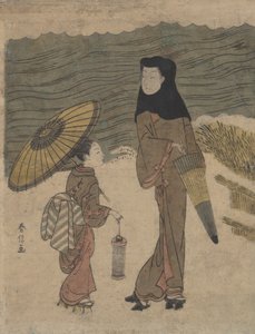 Dame mit schwarzer Kapuze und Regenschirm spaziert mit jungem Begleiter von Suzuki Harunobu