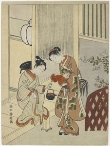 Liebende, die einen Hahn mit Sake versorgen, um 1767