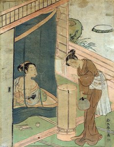 Mutter und Kind hinter einem Moskitonetz von Harunobu Suzuki, einem japanischen Designer von Holzschnittkünstlern im Ukiyo-e-Stil