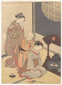 Nachtregen am Doppelregal, aus der Serie Acht Salonansichten (Zashiki hakkei) von Suzuki Harunobu