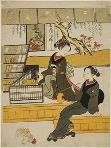 Ofuji, das Ladenmädchen von Motoyanagiya, mit einem Kunden von Suzuki Harunobu