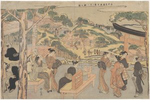 Osen des Kagiya-Teeladens am Kasamori-Schrein mit Blick auf Nippori in Yanaka von Suzuki Harunobu