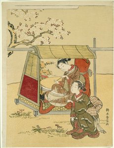 Rast in einer Sänfte unter Kirschblüten von Suzuki Harunobu