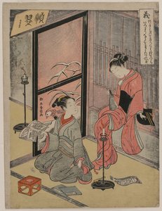 Gerechtigkeit Zwei Jungenprostituierte sitzen bei einer Kerze..., 1767 von Suzuki Harunobu
