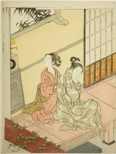 Die Abendglocke der Uhr (Tokei no bansho), aus der Serie "Acht Ansichten des Salons (Zashiki hakkei)" von Suzuki Harunobu