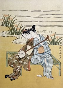 Das Shamisen: Paar spielt Shamisen (oder Samisen: Langhalslaute mit drei Saiten) - von Harunobou, in „Japan artistique“, Juli 1890 von Suzuki Harunobu