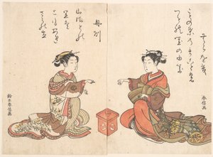 Zwei Mädchen spielen das Fingerspiel Kitsune Ken von Suzuki Harunobu