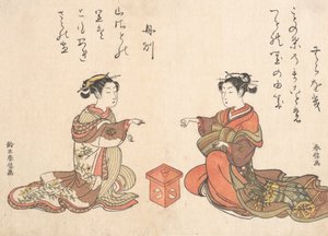 Zwei Mädchen spielen das Fingerspiel Kitsume Ken, 1725-1770 von Suzuki Harunobu