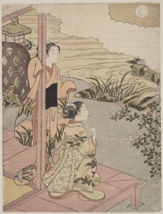 Zwei Mädchen auf einer Veranda an einem Bach mit dem Mond von Suzuki Harunobu