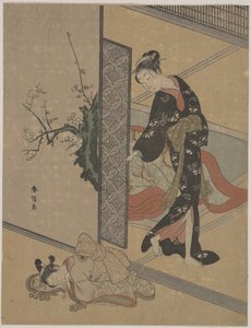 Junge Dame schaut durch die Tür auf ihre Kamuro (kleine Dienerin), die auf dem Boden schläft von Suzuki Harunobu
