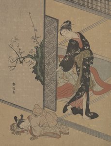 Junge Dame schaut durch die Tür auf ihre Kamuro, die auf dem Boden schläft von Suzuki Harunobu